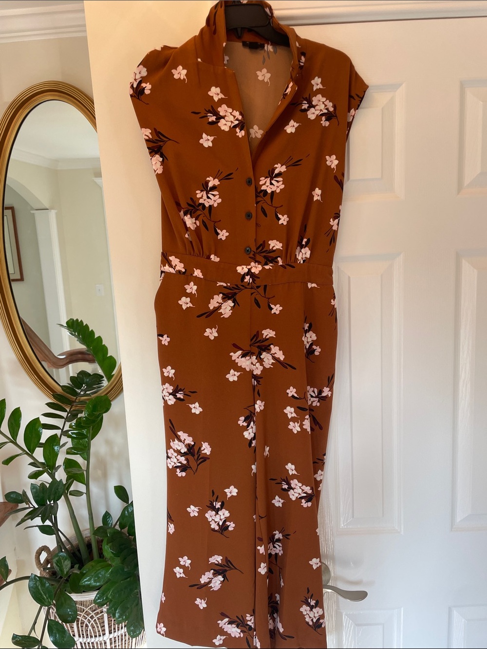 Ann Taylor Factory Rust Brown Floral Cap-Sleeve Jumpsuit